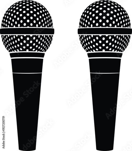 Two black microphones stand side by side a simple design perfect for music or audio related projects on transparent background silhouette
