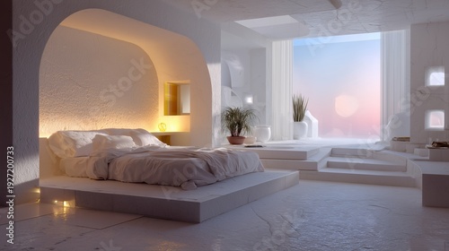 Modern bedroom interior with large windows and simple furniture in bright colors