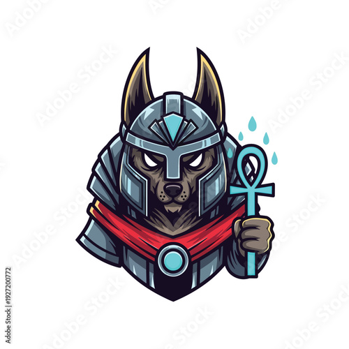 Neon Anubis Mascot Logo in Sci-Fi Armor. Egyptian God Jackal Warrior holding a glowing Ankh. Powerful Esports, Gaming, and Streaming Vector Illustration.
