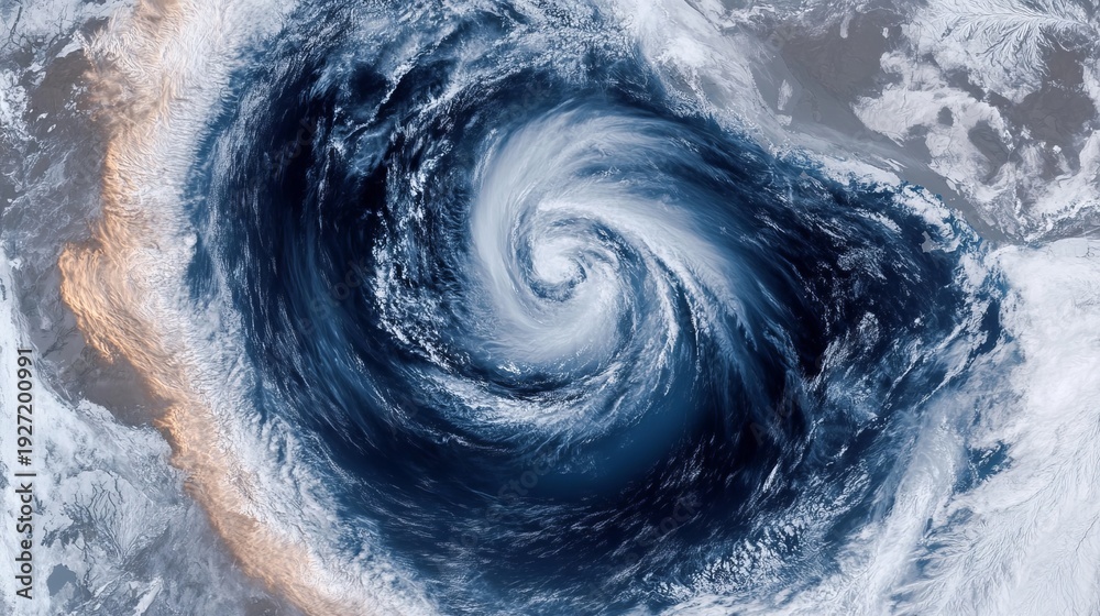 Fototapeta premium A satellite image of a massive hurricane swirling over the ocean with stormy clouds and turbulent waters.