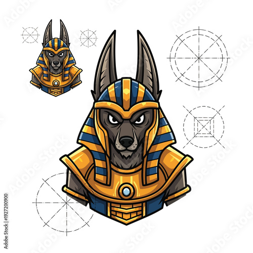 Fierce Anubis God Mascot Logo Design. Ancient Egyptian Jackal Head in Royal Pharaoh Armor. E-Sports and Apparel Vector Illustration.