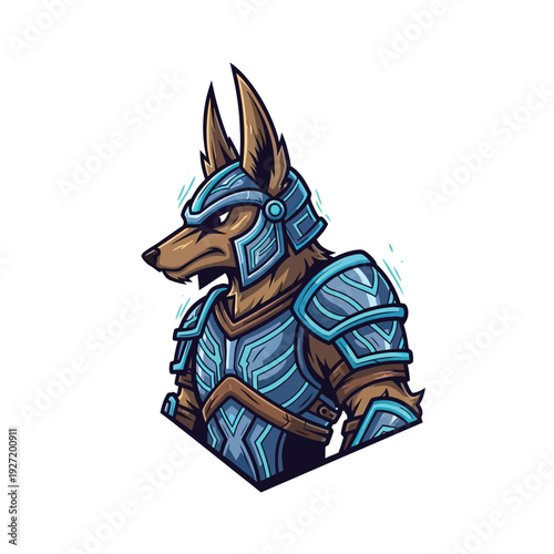 Wolf Warrior Mascot Logo. Canine Knight in Neon Blue Fantasy Armor. Esport Gaming Avatar Illustration.