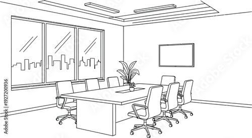 Black and white drawing of a modern conference room with a large table chairs window and screen on transparent background silhouette