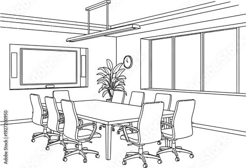 Monochrome drawing of a modern conference room with a large screen windows and chairs on transparent background high quality professional detailed