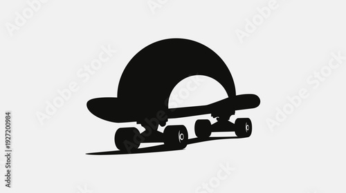 Black silhouette of a skateboard with an arch shape on top, casting a shadow on a light gray background