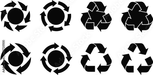 Recycle symbol variations set featuring circular arrows and different designs presented on transparent background silhouette high quality professional detailed modern elegant