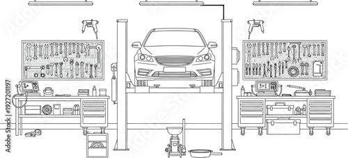 Detailed line drawing depicts a car repair garage scene with tools equipment and a vehicle on a lift on transparent background