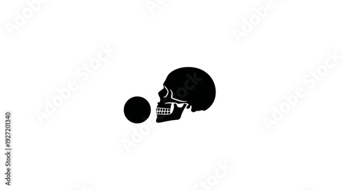 A side-profile illustration of a skull and a perfect black circle set against a white background