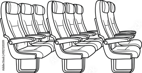 A black and white line drawing depicts several rows of airplane seats a simple design on transparent background silhouette high quality