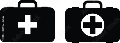 Two medical first aid kit icons displayed side by side featuring a plus symbol on transparent background silhouette high quality professional