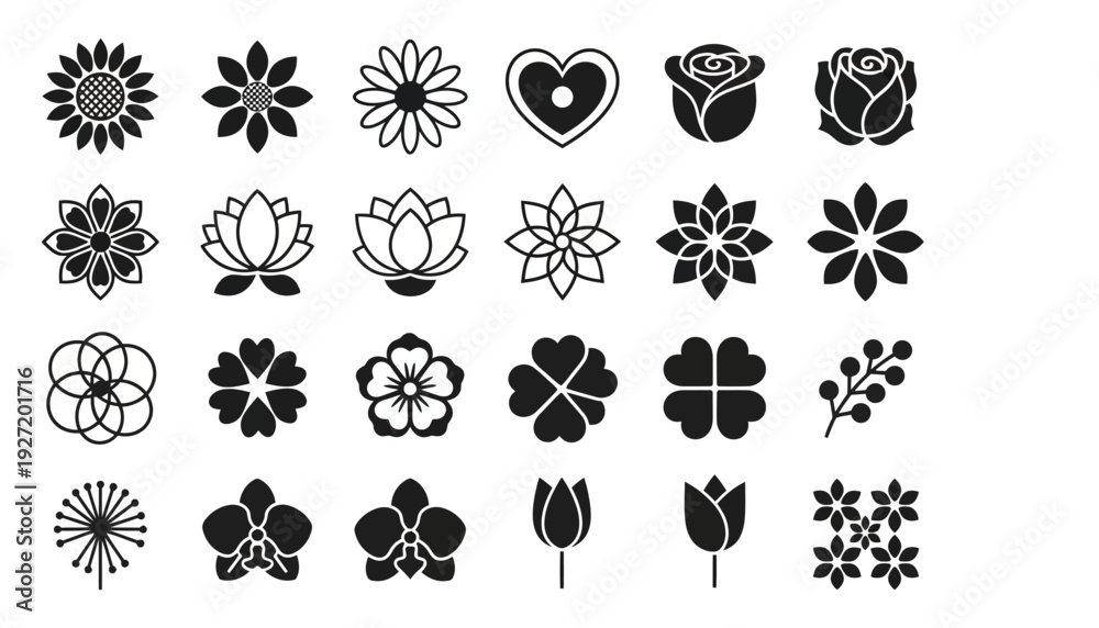 Fototapeta premium Elegant floral icon set vector collection, black and white flower designs, decorative botanical patterns, minimalist blossoms, ornamental petals, modern outline silhouettes, creative nature illustrati