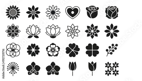 Elegant floral icon set vector collection, black and white flower designs, decorative botanical patterns, minimalist blossoms, ornamental petals, modern outline silhouettes, creative nature illustrati