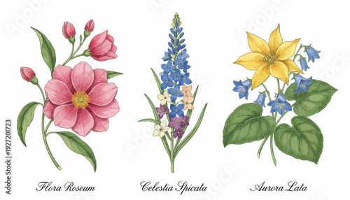 Botanical flower illustration vector set, Flora Blossom, Celestia Spuria, Aurora Lutea, artistic floral drawings, colorful petals, nature inspired design, decorative botanical art vector collection