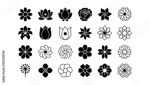 Elegant floral icon set vector collection, black and white flower designs, decorative botanical patterns, minimalist blossoms, ornamental petals, modern outline silhouettes, creative nature illustrati