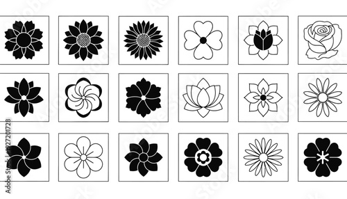 Elegant floral icon set vector collection, black and white flower designs, decorative botanical patterns, minimalist blossoms, ornamental petals, modern outline silhouettes, creative nature illustrati