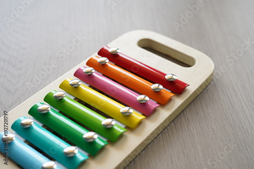 Children's xylophone. It is made of wood and is colorful.