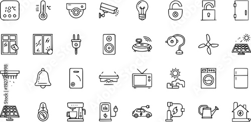 Collection of Hand-Drawn Line Icons for Smart Home Automation, IoT Devices, and Household Appliances