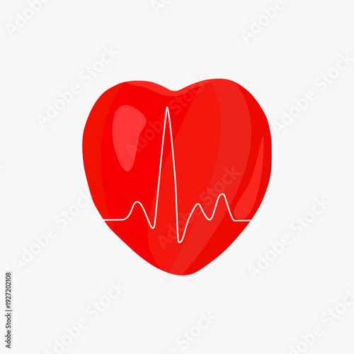 Vector red heart with ECG line. Symbolizes cardiac monitoring, arrhythmia diagnosis, and heart health vitality. Ideal for cardiology clinics and medical apps.