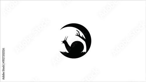 A silhouette of a snail in a crescent moon, with a branch. Simple and modern design