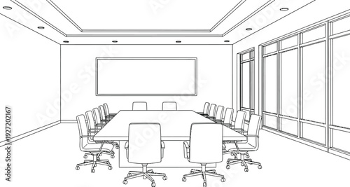 Monochrome interior design of a conference room with a large table chairs and a screen on transparent background silhouette high quality