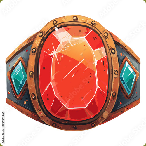 Vector illustration of a marquise cut red gemstone ring with ornate gold setting, fantasy jewelry, isolated on white background