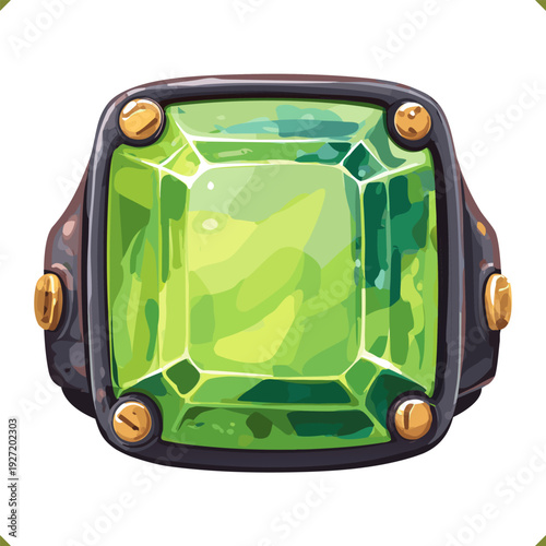 Vector illustration of an art deco ring with large green gemstone in ornate metal setting, luxury jewelry, isolated on white background