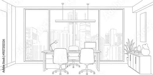 Monochrome interior view of a modern office space with desk chairs and city skyline visible through large window on transparent background silhouette