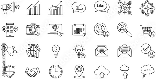 Digital Marketing, Social Media, Business  Communication Modern Outline Icons Set