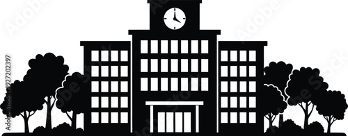 Black silhouette of a classic school building with a clock tower and surrounding trees on transparent background high quality professional detailed