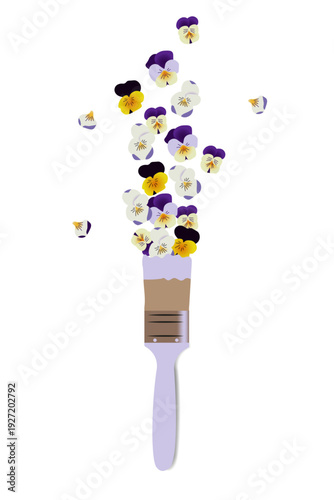 A floral arrangement of violets and a brush. The brush paints the flowers on a white background. Isolated design