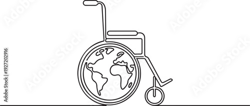 Wheelchair with the symbol of planet Earth on the wheel. Support for disabled people and people with special needs. Caring for people. one line art icon drawing vector