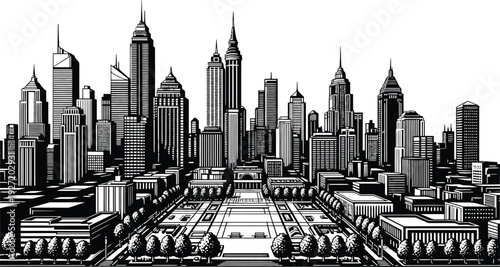 Detailed black and white cityscape skyline illustration featuring many tall buildings and trees on transparent background silhouette high quality professional detailed