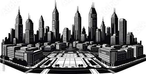 Detailed black and white cityscape silhouette featuring numerous skyscrapers and a park on transparent background high quality professional detailed modern elegant