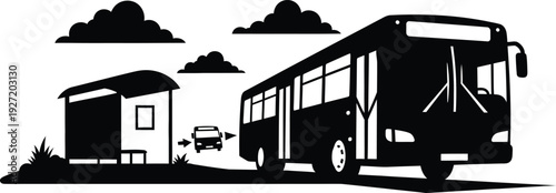 Black and white silhouette of a bus pulling away from a bus stop with clouds and a car on transparent background