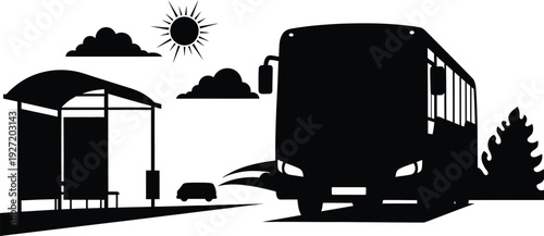 Black and white silhouette of a school bus trees clouds and a bus stop on transparent background high quality professional detailed