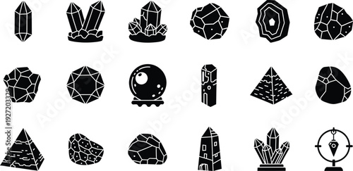 Collection of black silhouette icons representing various crystals, minerals and gemstones