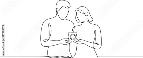 A man and a woman are holding a condom. Conscious attitude to health and future. one line art icon drawing vector