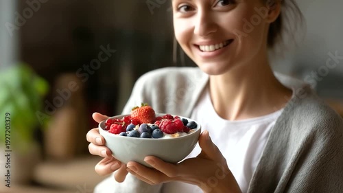 Faceless young woman enjoying healthy cooking eating yogurt and fruits heavily defocused kitchen background anonymous person after fitness exercise at home nutritious detox heal