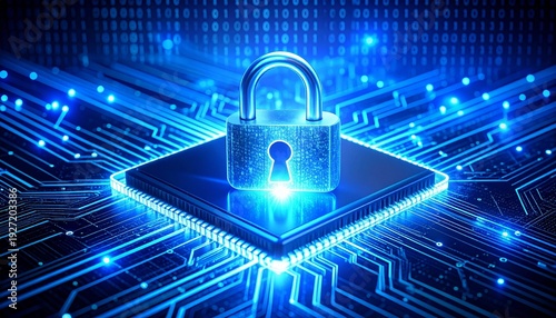 Wallpaper Mural Glowing blue padlock icon superimposed on a microchip with streams of binary code and digital waveforms, symbolizing cybersecurity, encryption, and secure data communication. Torontodigital.ca