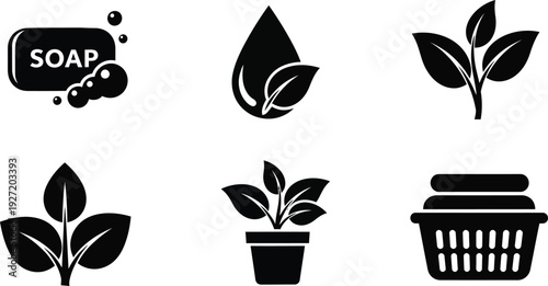 Minimalist icon set featuring soap water droplet leaves plant basket and potted plant presented as a silhouette on transparent background
