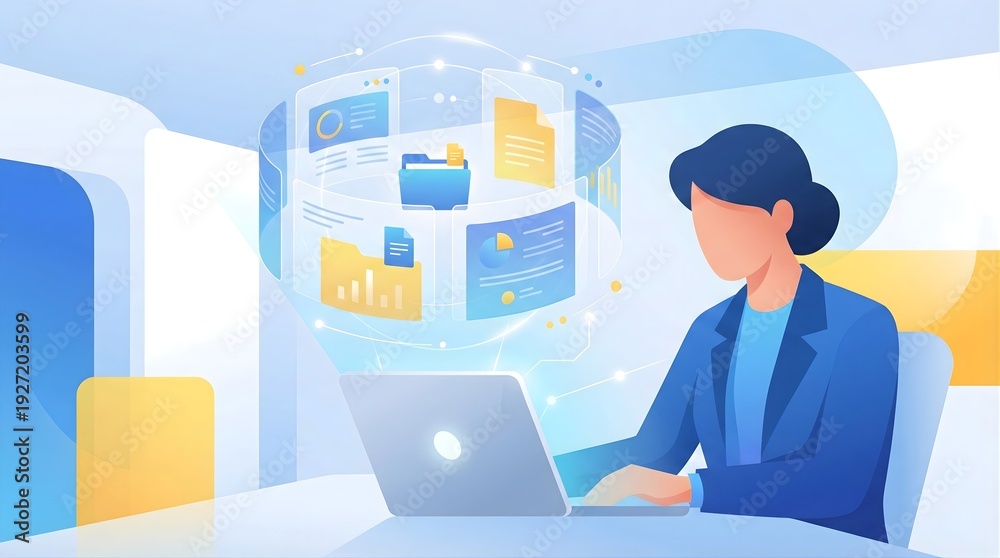 Fototapeta premium Businesswoman managing global data and analytics with futuristic hologram interface illustration.