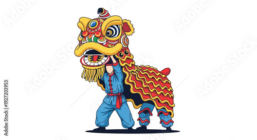 Vibrant Chinese Lion Dance Performance Illustration.