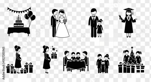 Collection of family life events and celebrations stick figure icons.