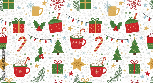 Seamless Christmas holiday pattern with festive elements and hot cocoa mugs