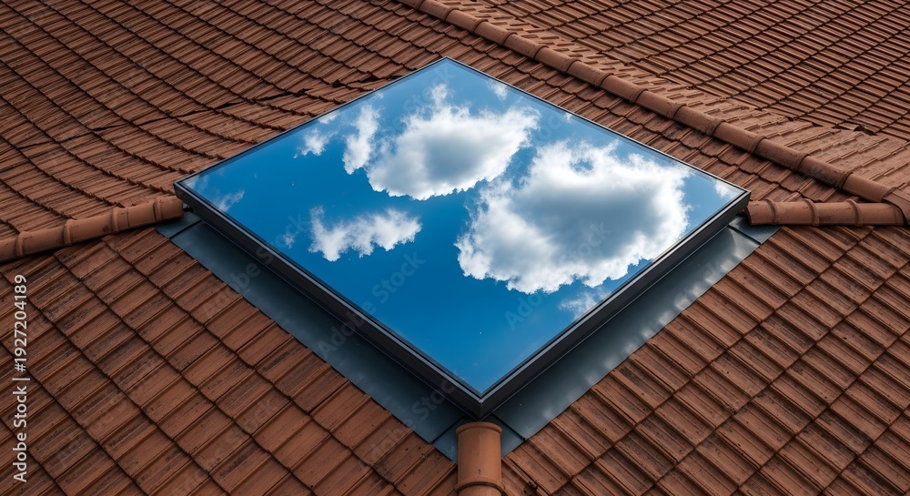 Fototapeta premium Modern Skylight Capturing Blue Sky and White Clouds Reflected on a Clay Tile Roof