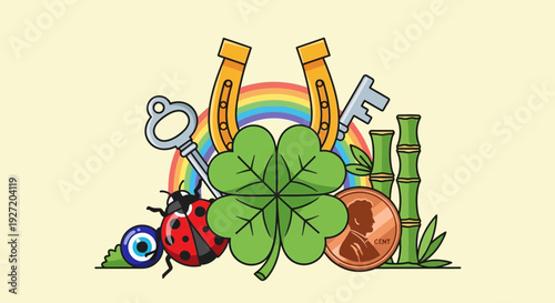 Flat vector illustration of various good luck symbols including four leaf clover and horseshoe