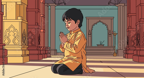 Young Indian boy praying inside a peaceful Hindu temple interior illustration.