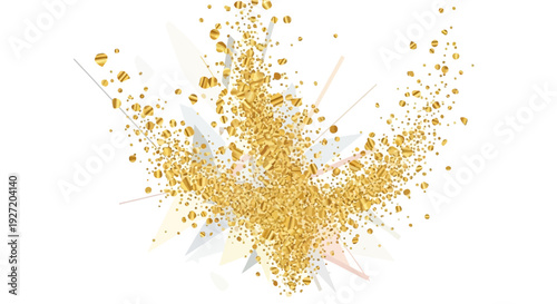 Golden glitter explosion with festive confetti burst isolated on white background