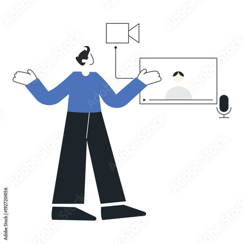 Man creating professional video content for social media and online streaming platforms vector illustration.