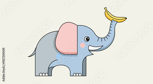 Vector illustration of a cheerful cartoon elephant holding a banana with its trunk outlined against a light beige background flat style